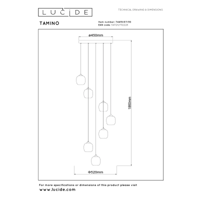 TAMINO - Lampa wisząca - Ø 52 cm - LED Dim. - 7x7W 3000K - Black 74419/07/30 Lucide